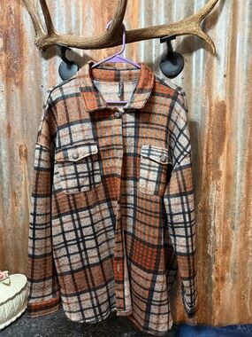 Women’s Orange Plaid Button-Down Shirt Jacket